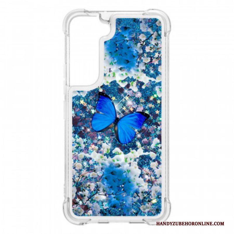 Hoesje voor Samsung Galaxy S22 5G Glitter Blauwe Vlinders