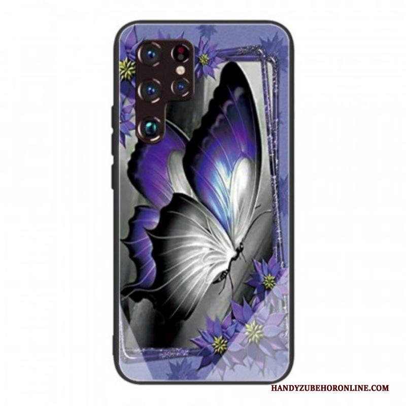 Hoesje voor Samsung Galaxy S22 Ultra 5G Paars Vlinder Gehard Glas