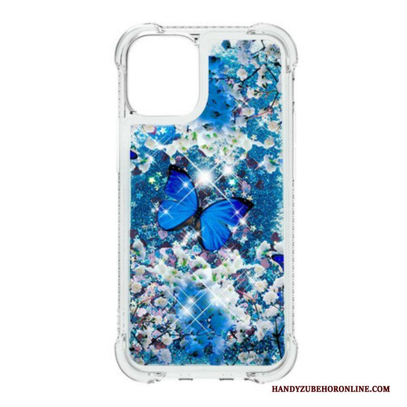 Hoesje voor iPhone 13 Mini Glitter Blauwe Vlinders