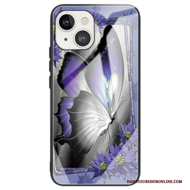 Hoesje voor iPhone 14 Paars Vlinder Gehard Glas