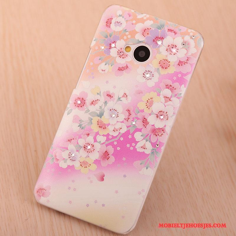 Htc One M7 Roze Elegante Bescherming Hoesje Trendy Merk Geschilderd Met Strass