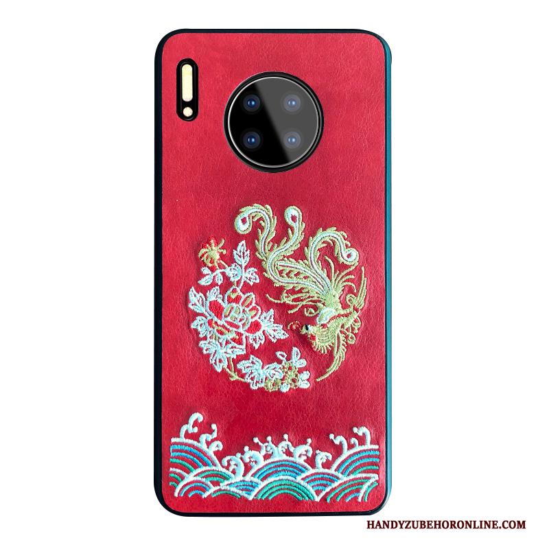 Huawei Mate 30 Siliconen Lovers Net Red All Inclusive Hoesje Telefoon Rood Borduurwerk