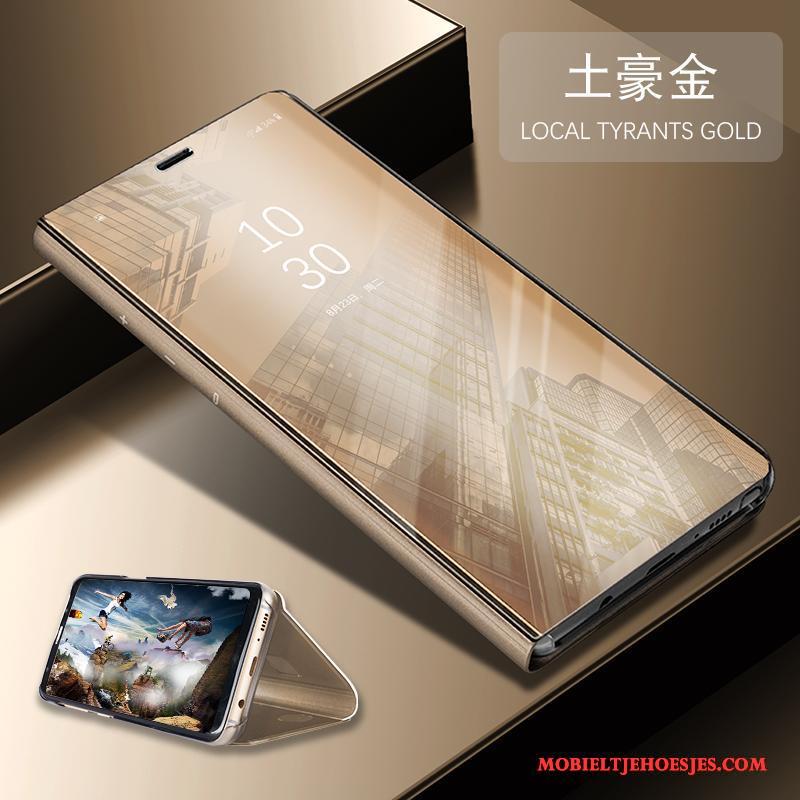 Huawei Mate 9 Clamshell Spiegel All Inclusive Anti-fall Goud Leren Etui Hoesje Telefoon