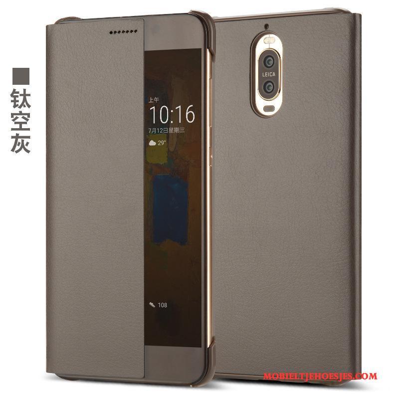 Huawei Mate 9 Pro Hoesje Mobiele Telefoon Windows All Inclusive Anti-fall Folio Leren Etui Grijs