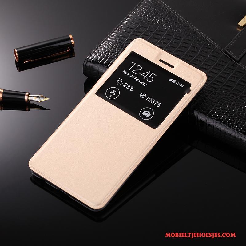Huawei P Smart Hoesje Telefoon Leren Etui Mobiele Telefoon Bescherming Goud Open Het Venster Anti-fall