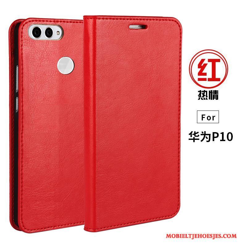 Huawei P10 Hoesje Folio Mobiele Telefoon Echt Leer Anti-fall Ondersteuning Rood