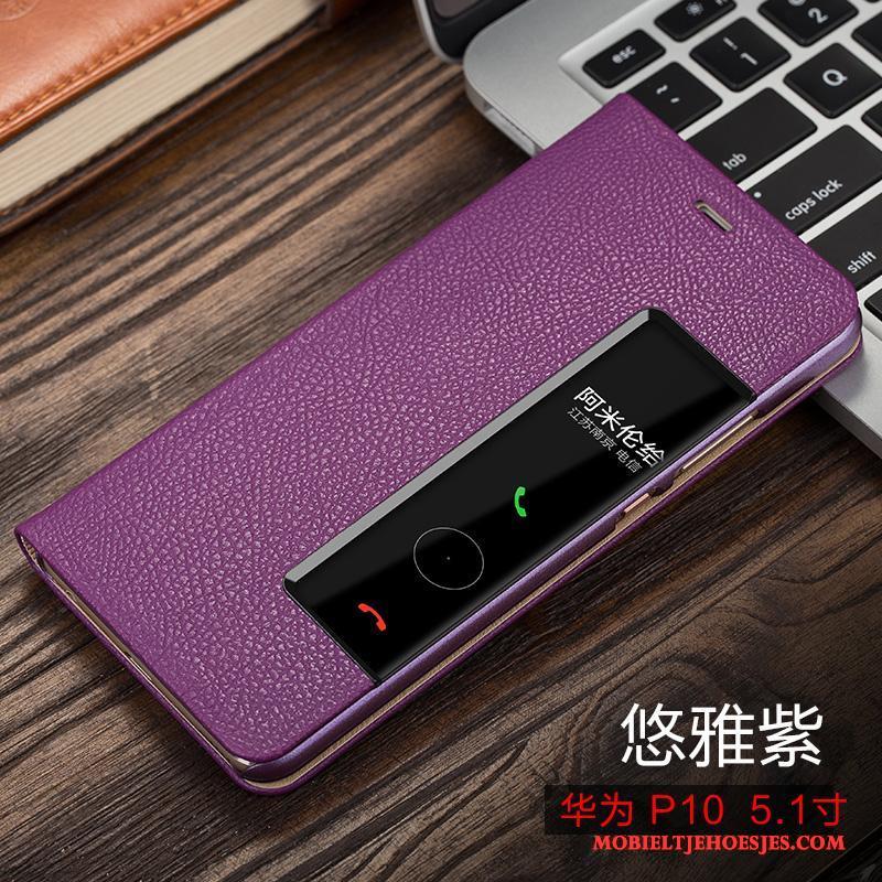 Huawei P10 Leren Etui Dun Hoesje Telefoon Folio Echt Leer Purper All Inclusive