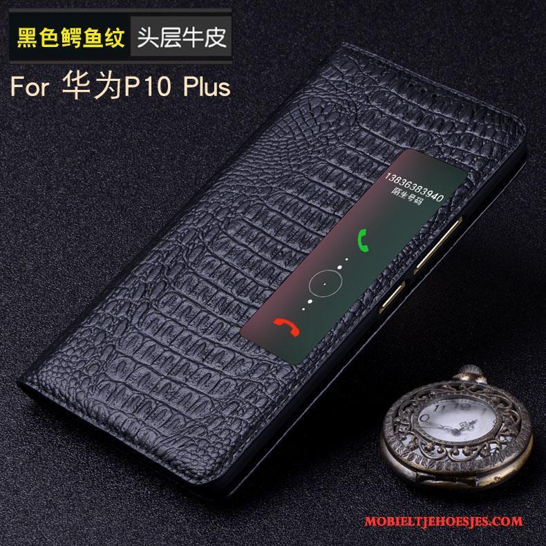 Huawei P10 Plus Hoes Echt Leer Winterslaap Hoesje Telefoon Mobiele Telefoon Zwart Leren Etui
