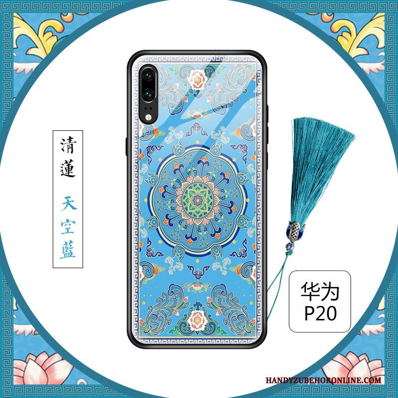 Huawei P20 Hoesje Chinese Stijl Glas Blauw Scheppend Bloemen Siliconen Vers