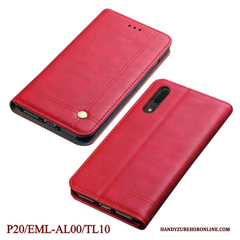 Huawei P20 Hoesje Telefoon Bescherming Anti-fall Folio Leren Etui Rood