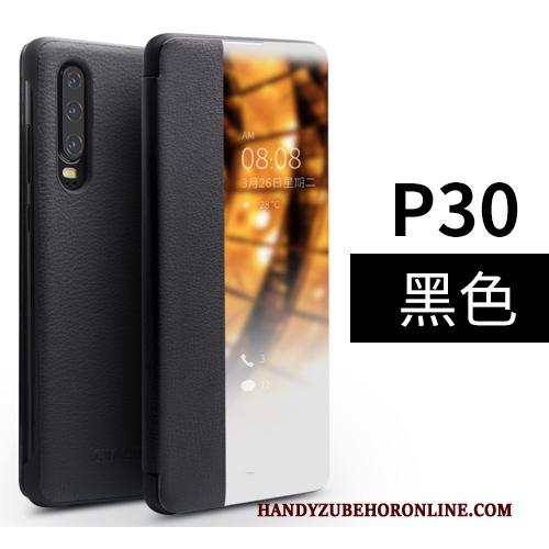 Huawei P30 Hoes Hoesje Telefoon Folio Bescherming Dun Open Het Venster Zwart
