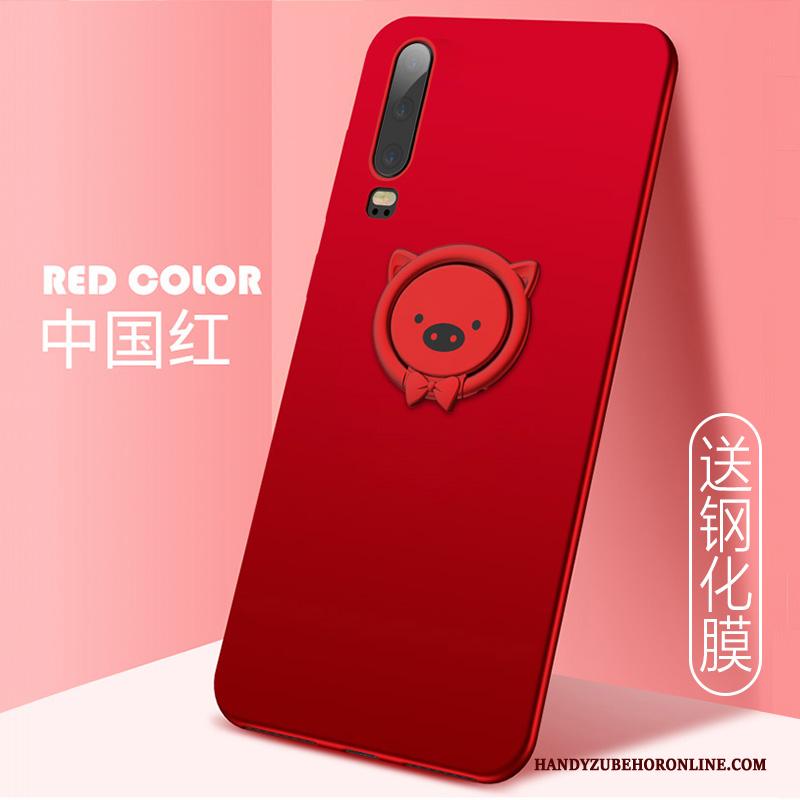 Huawei P30 Hoesje Anti-fall Ondersteuning Rood Spotprent Ring Doorzichtig Trendy Merk