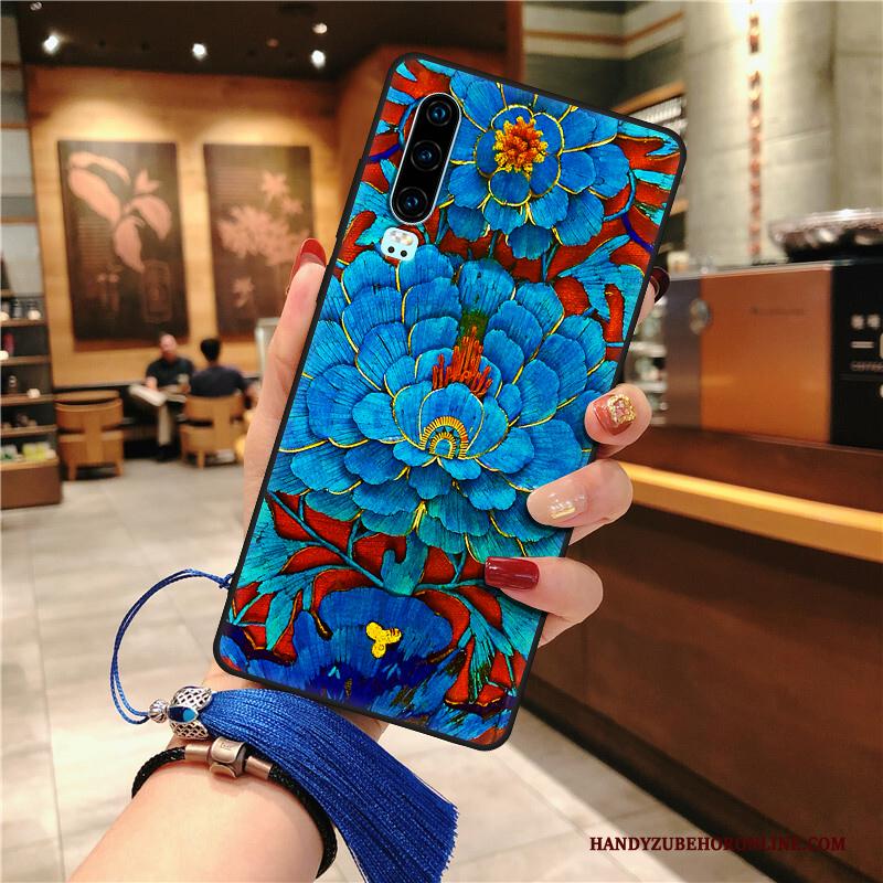 Huawei P30 Hoesje Chinese Stijl Siliconen Paleis Persoonlijk Kwasten Licht Blauw