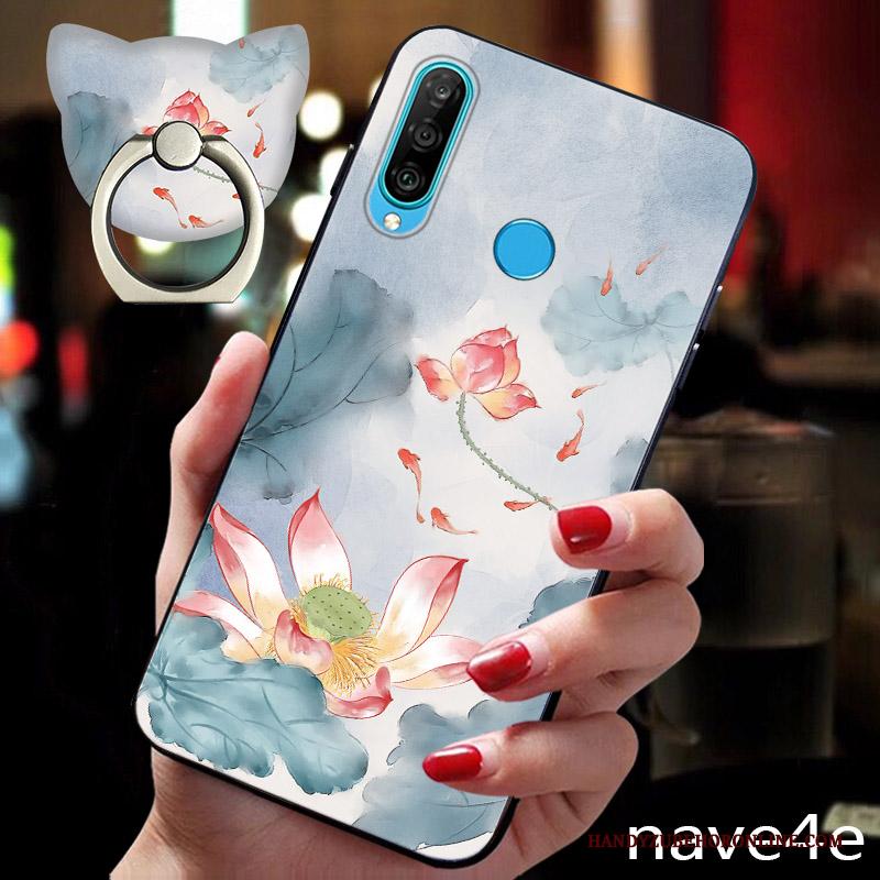 Huawei P30 Lite Bloemen Hoesje Blauw Anti-fall All Inclusive Scheppend Siliconen