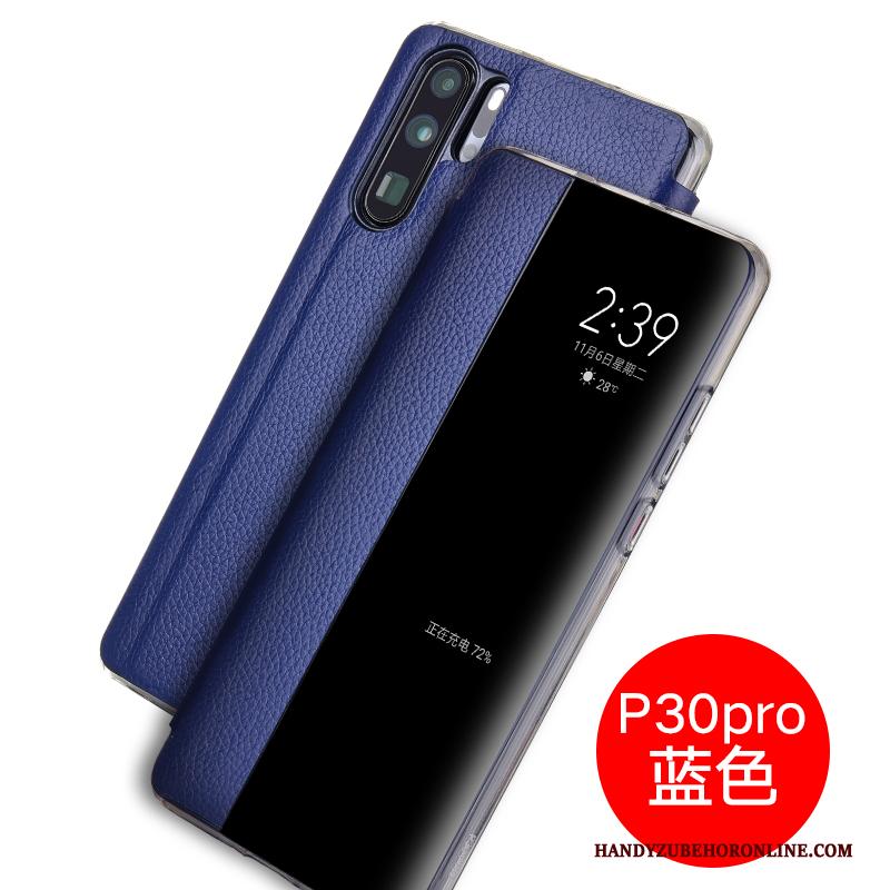 Huawei P30 Pro Hoes Echt Leer Hoesje Telefoon Leren Etui Mobiele Telefoon Bescherming Blauw