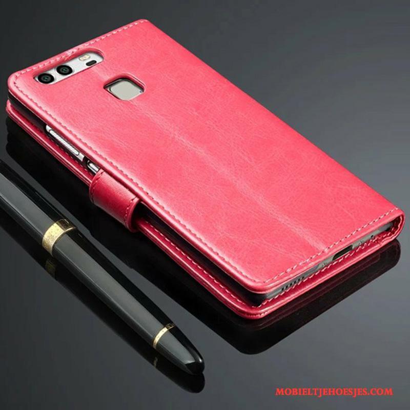 Huawei P9 Plus Hoesje Anti-fall Leren Etui Rood Telefoon Bescherming Folio