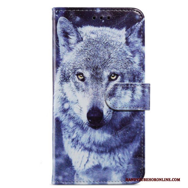 Leren Hoesje voor Moto G73 5G Met Ketting Lanyard Wolf