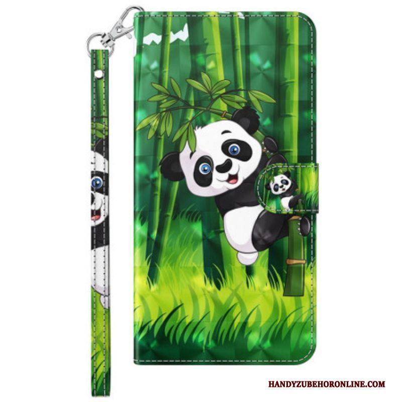 Leren Hoesje voor Moto G73 5G Met Ketting Panda En Bamboe Met Lanyard