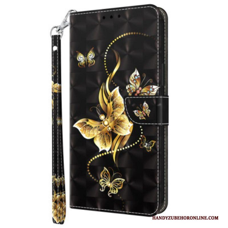 Leren Hoesje voor Samsung Galaxy A14 / A14 5G Met Ketting Gouden Vlinders Met Riem