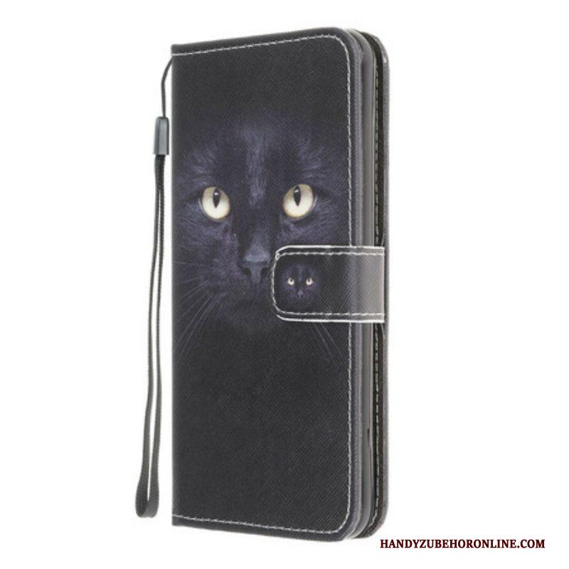 Leren Hoesje voor Samsung Galaxy A42 5G Met Ketting Strappy Zwarte Kattenogen