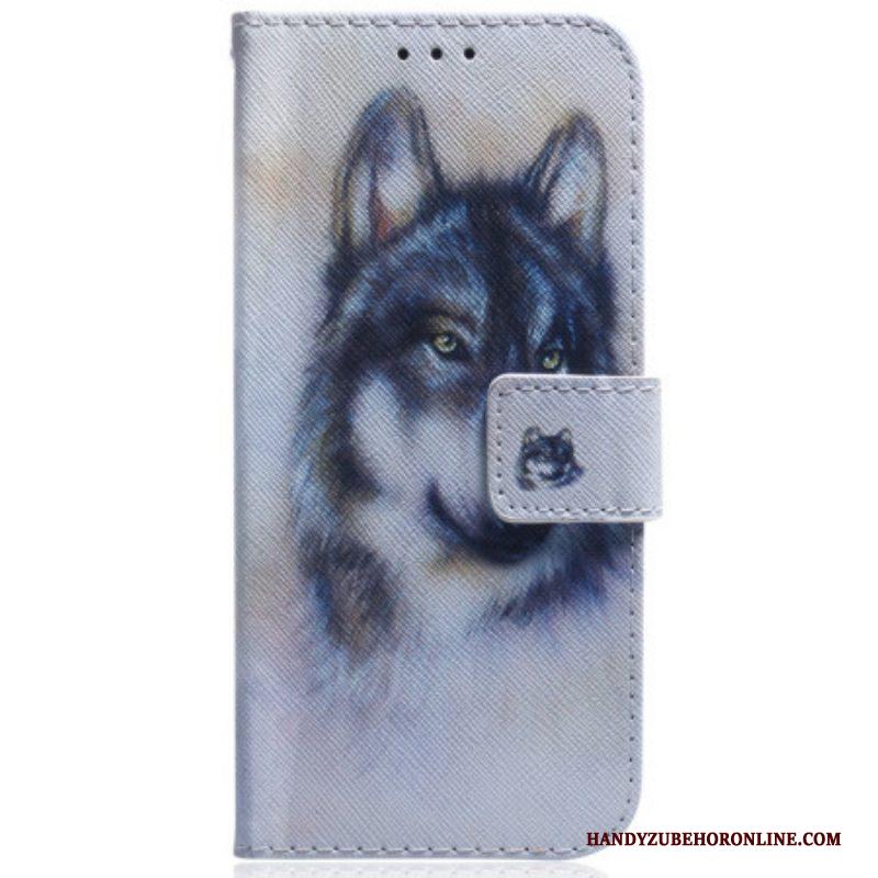 Leren Hoesje voor Samsung Galaxy A54 5G Met Ketting Strappy Aquarel Wolf