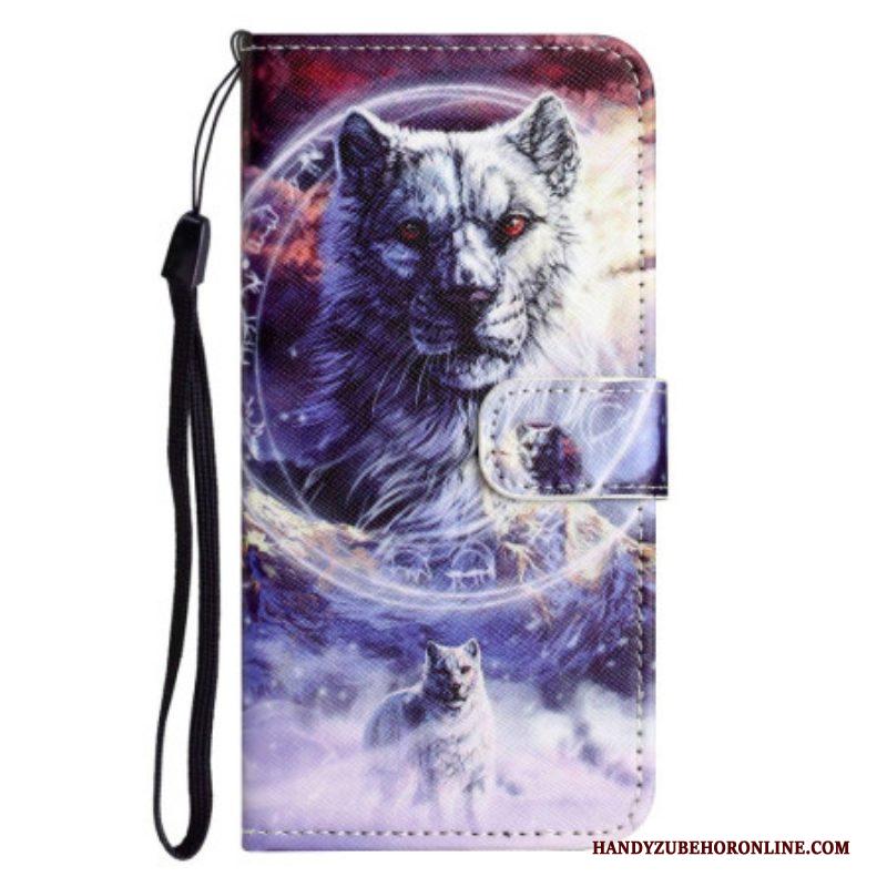 Leren Hoesje voor Samsung Galaxy S23 5G Met Ketting Lanyard Wolf