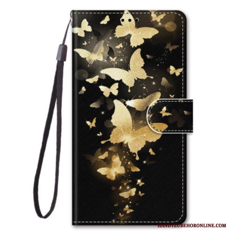 Leren Hoesje voor Xiaomi 12 / 12X Met Ketting Gouden Vlinders Met Riem