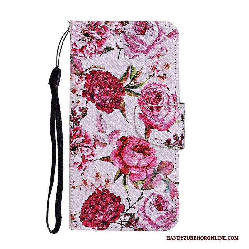 Leren Hoesje voor iPhone 13 Pro Meesterlijke Bloemen Met Riem