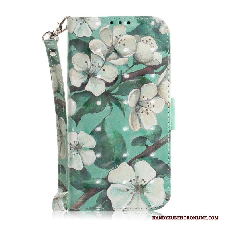 Leren Hoesje voor iPhone 14 Plus Met Ketting Riem Bloemtakken