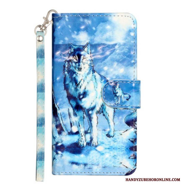 Leren Hoesje voor iPhone 15 Plus Met Ketting 3d Wolf Met Riem