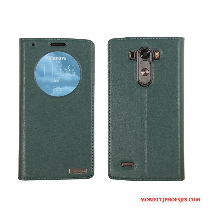 Lg G3 Hoes Hoesje Groen Echt Leer Leren Etui Winterslaap Bescherming