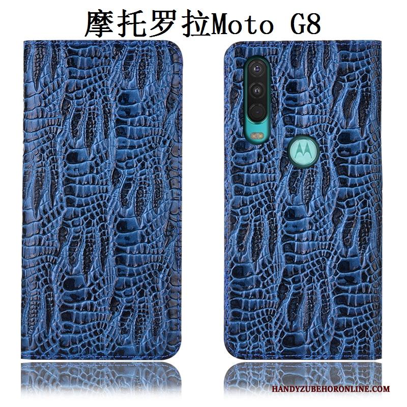 Moto G8 Anti-fall Bescherming Hoes Echt Leer Blauw All Inclusive Hoesje Telefoon