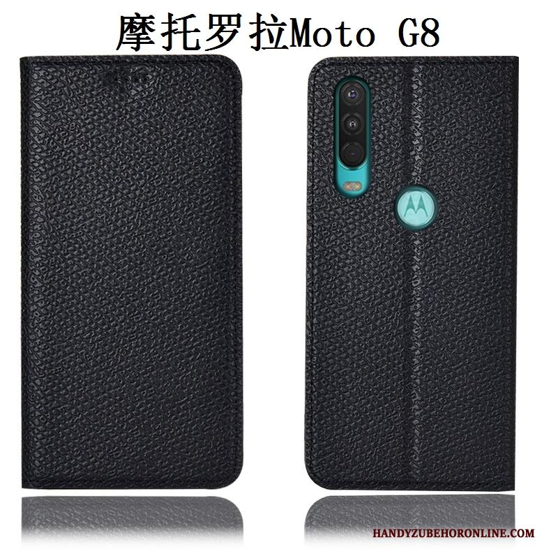 Moto G8 Echt Leer Anti-fall Leren Etui Mesh Zwart Patroon Hoesje Telefoon