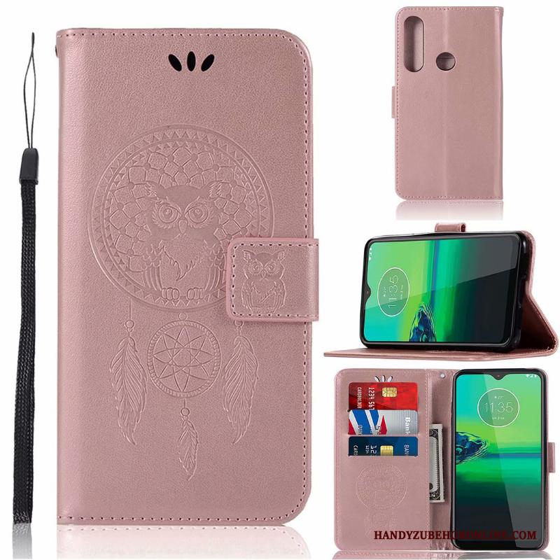 Moto G8 Plus Kaart Bescherming Anti-fall Hoesje Telefoon Roze Patroon Leren Etui