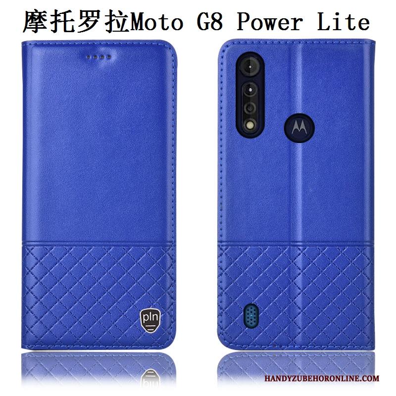 Moto G8 Power Lite Blauw Hoesje Telefoon Leren Etui Echt Leer Anti-fall