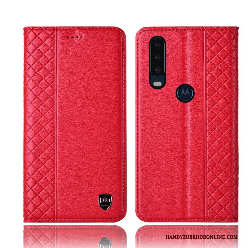 Motorola One Action Bescherming Folio Hoesje Telefoon Anti-fall Rood Leren Etui