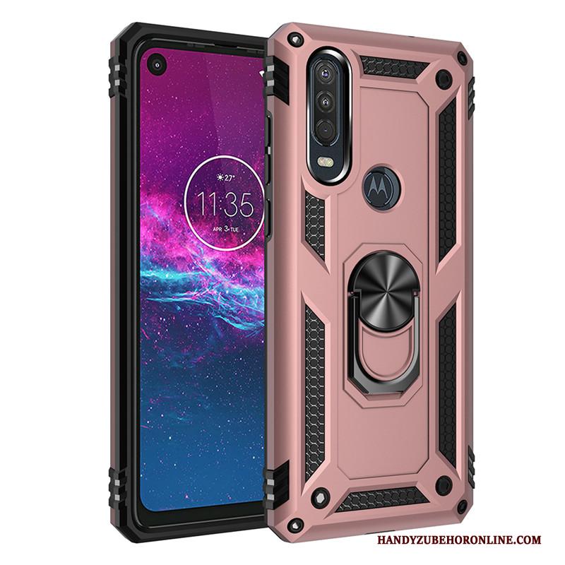 Motorola One Action Magnetisch Ring Anti-fall Hoesje Telefoon Auto Roze Ondersteuning