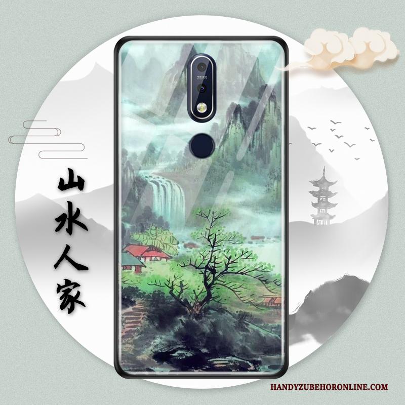 Nokia 5.1 Plus Hoesje Groen Inkt Glas Chinese Stijl Bescherming Vintage