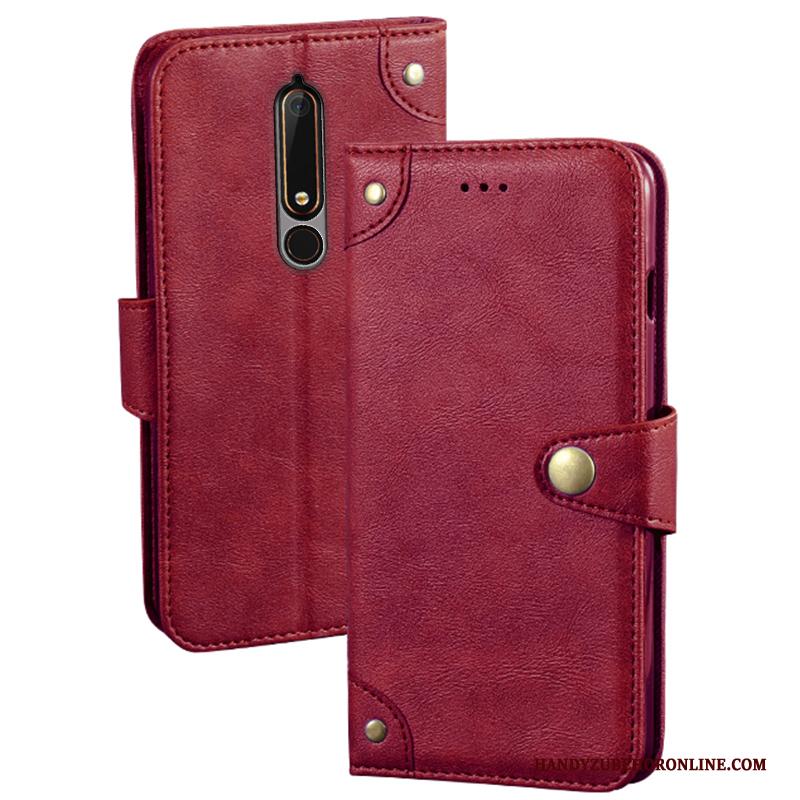 Nokia 6.1 Hoesje Mobiele Telefoon Scheppend Portemonnee Folio Leren Etui Rood Hoes