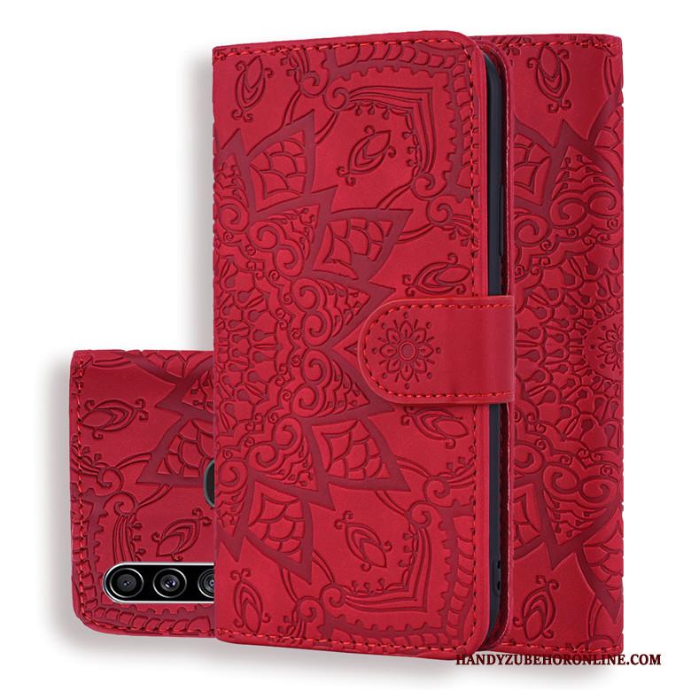 Samsung Galaxy A20s Hoesje Rood Folio Bescherming Bloemen Zacht Anti-fall Leren Etui