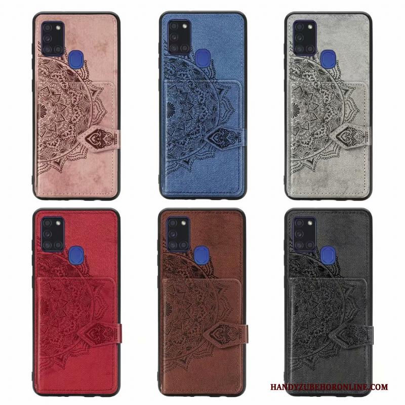 Samsung Galaxy A21s Portemonnee Blauw Hoesje Telefoon Leren Etui Patroon Doek