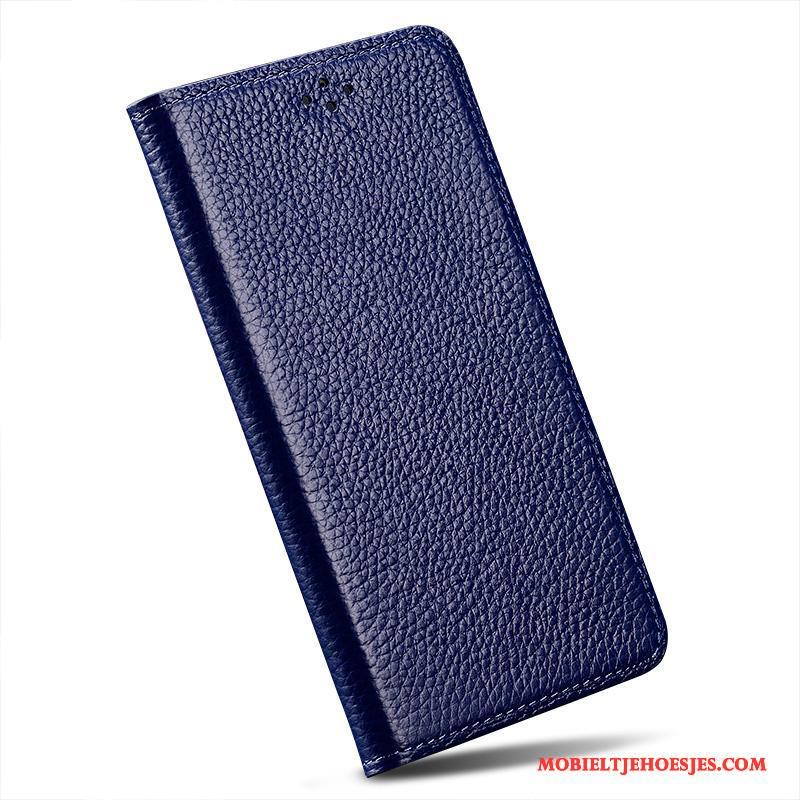 Samsung Galaxy A8 Echt Leer Siliconen Eenvoudige Hoesje Telefoon Clamshell Blauw Bescherming