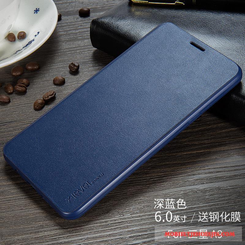 Samsung Galaxy A9 Hoesje Dun Folio Bescherming Hoge Leren Etui Donkerblauw Kaart