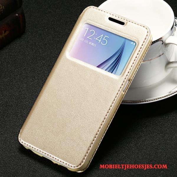 Samsung Galaxy J5 2015 Leren Etui Zacht Hoesje Telefoon Open Het Venster Goud Clamshell Bescherming