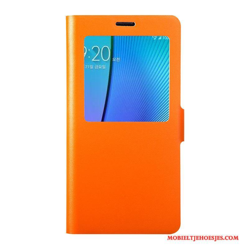 Samsung Galaxy Note 5 Bescherming Hoesje Telefoon Ster Echt Leer Clamshell Oranje Leren Etui