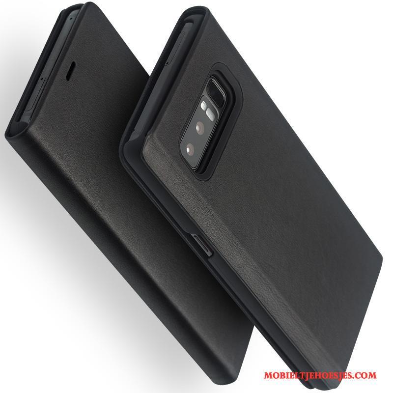 Samsung Galaxy Note 8 Leren Etui Hoesje Telefoon Zwart Echt Leer Mobiele Telefoon Ondersteuning Ster