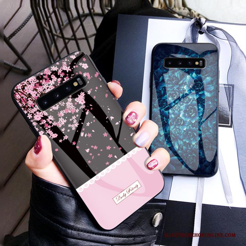 Samsung Galaxy S10 Hoesje Telefoon Scheppend Zwart Gehard Glas Persoonlijk Roze Hanger