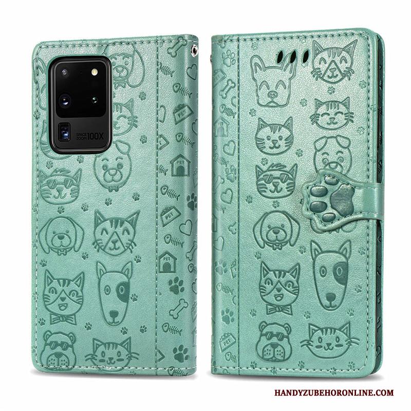 Samsung Galaxy S20 Ultra Hoesje Bescherming Leren Etui Effen Kleur Anti-fall Hoes Reliëf Groen