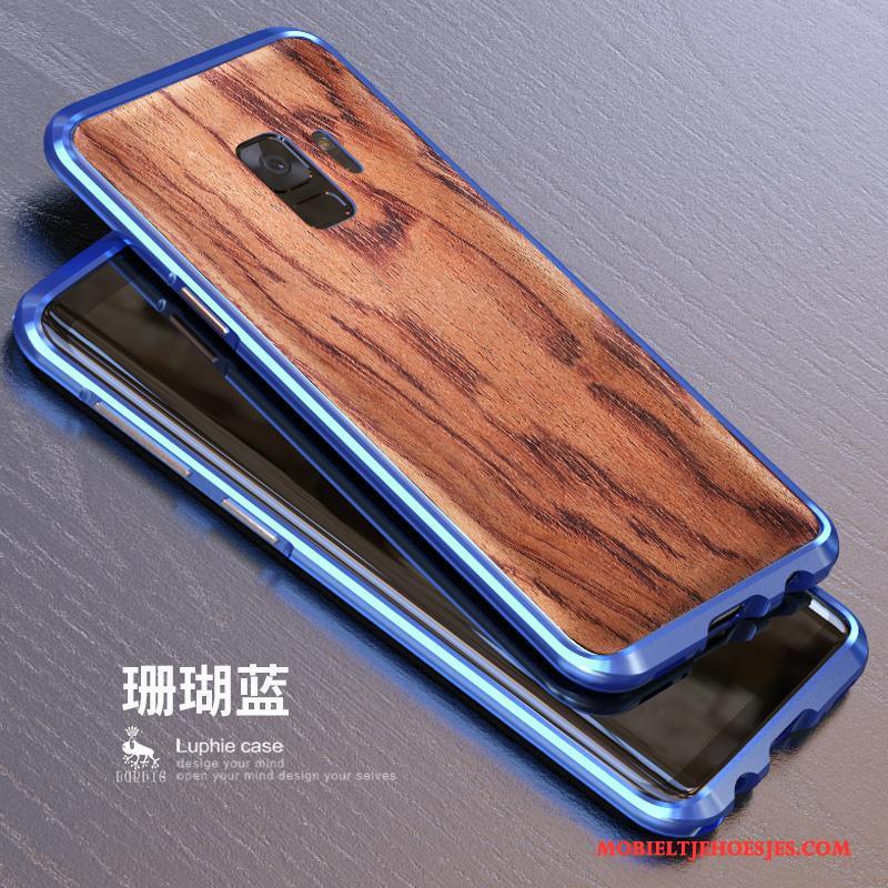 Samsung Galaxy S9+ Hoesje Telefoon Metaal Hout Achterklep Blauw Omlijsting Bescherming