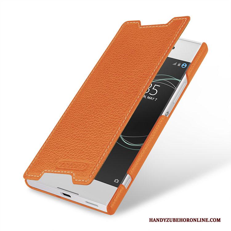 Sony Xperia 1 Hoesje Bescherming Hoes Oranje Echt Leer Soort Aziatische Vrucht Mobiele Telefoon Klittenband